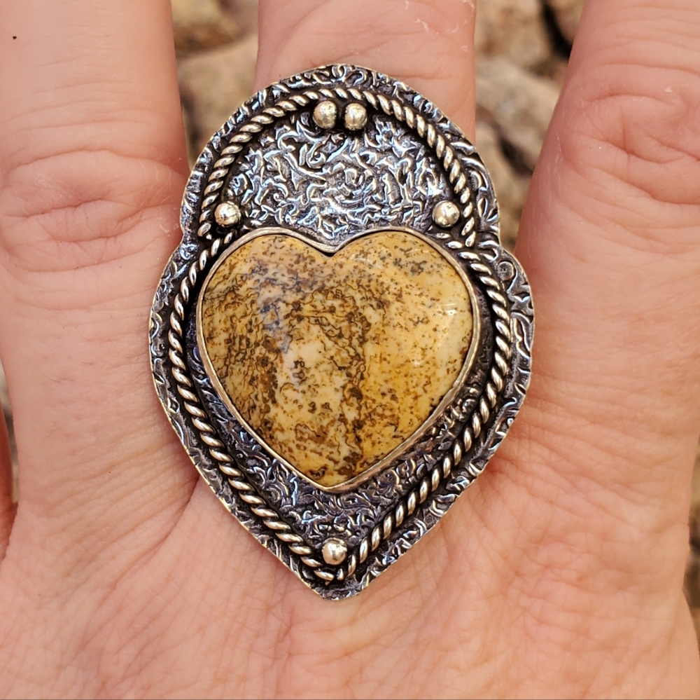 New Heart Shaped Picture Jasper Silver Star Statement Ring.